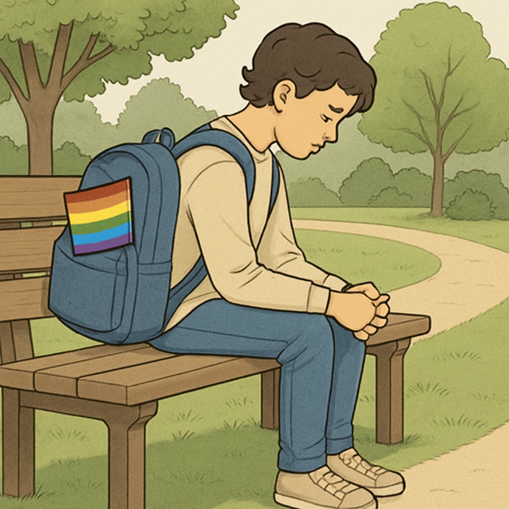 A student sitting alone on a bench with a rainbow flag in their backpack, symbolizing LGBTQ+ identity struggles. A student sitting with a rainbow flag backpack, representing LGBTQ+ identity.