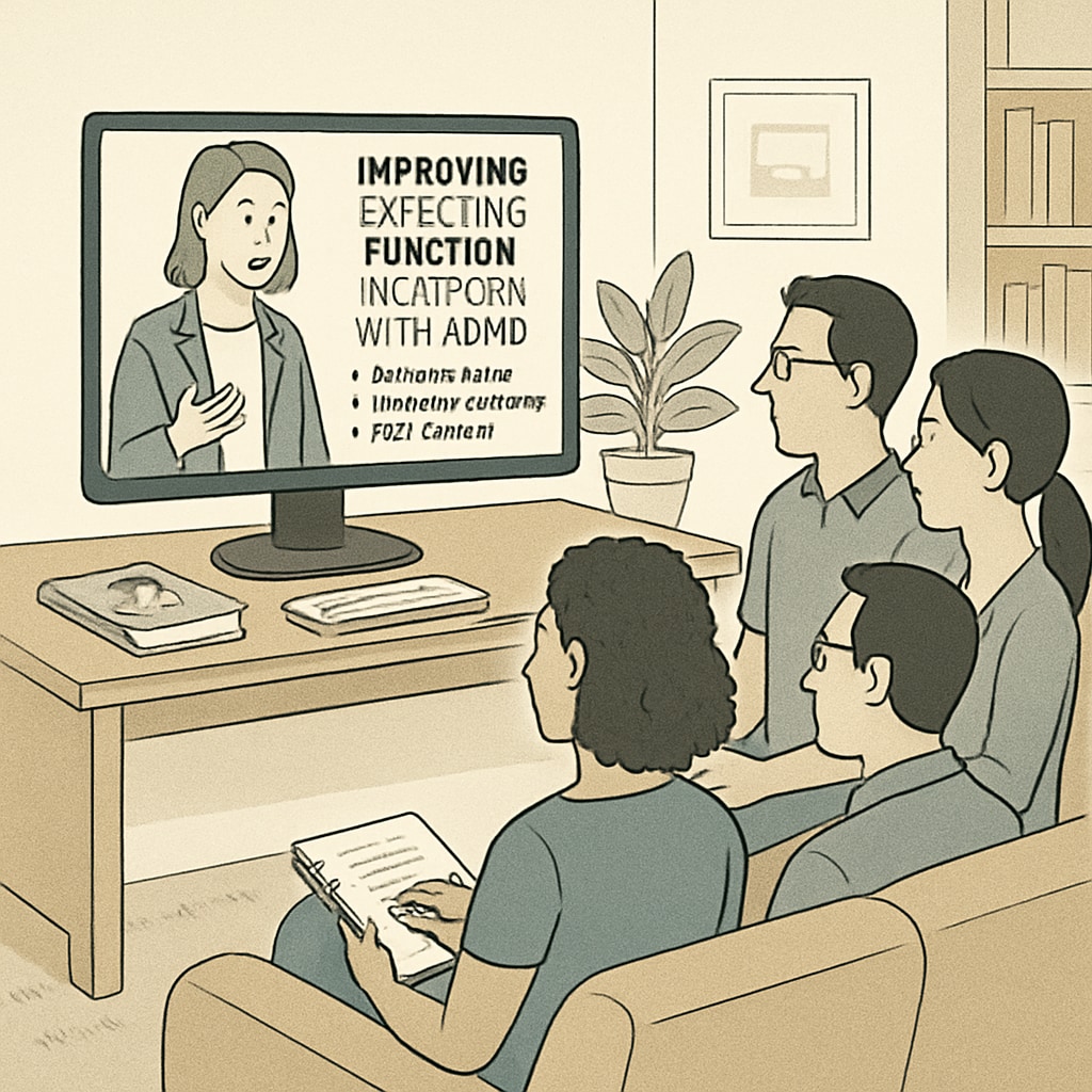 A group of parents attending an online workshop, listening to expert advice on executive function for children with ADHD. Parents participating in an online workshop about executive function and ADHD strategies.