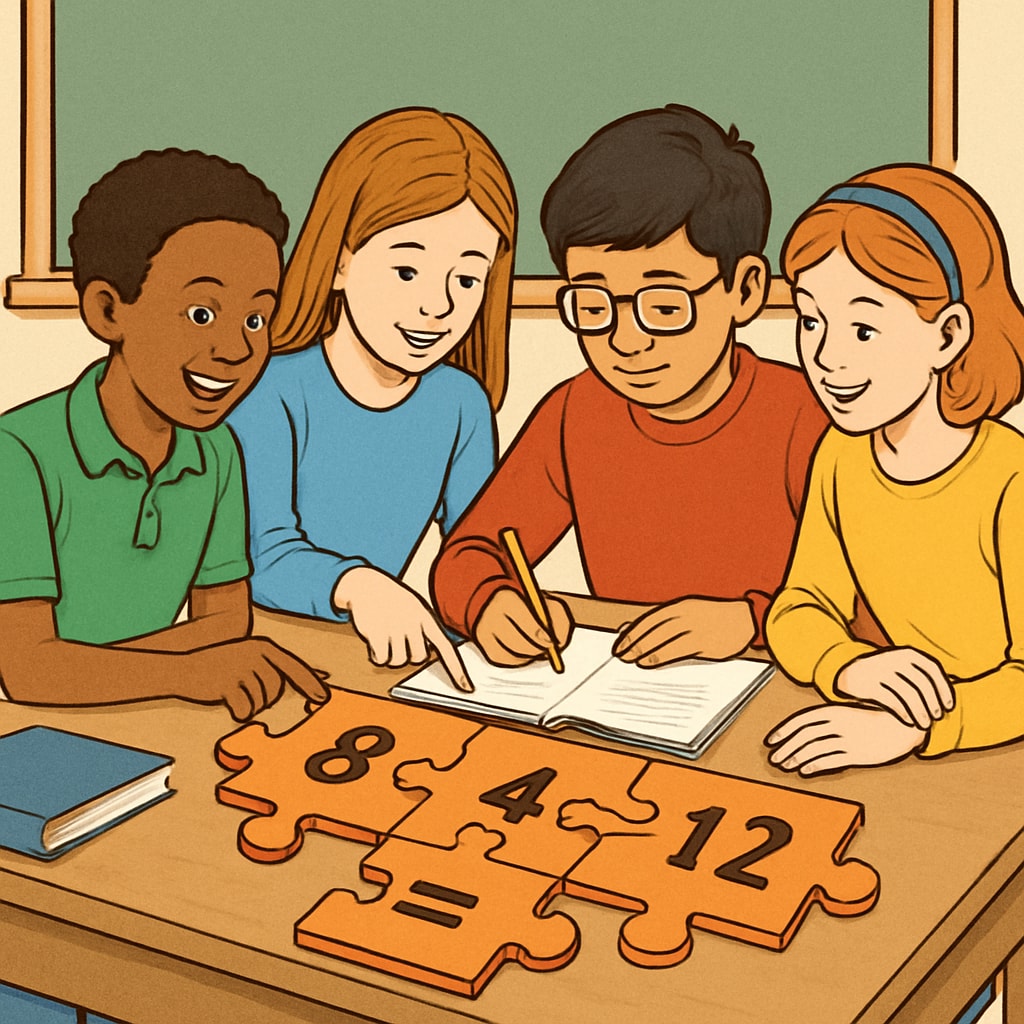 Students collaborating on a math puzzle, showcasing teamwork and problem-solving. Students using math to build problem-solving skills collaboratively.