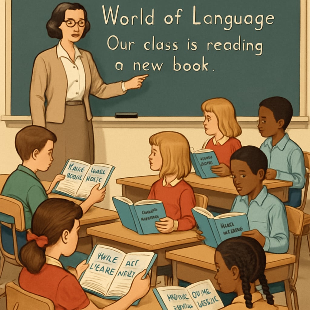 A vintage classroom scene featuring students using the Students using the