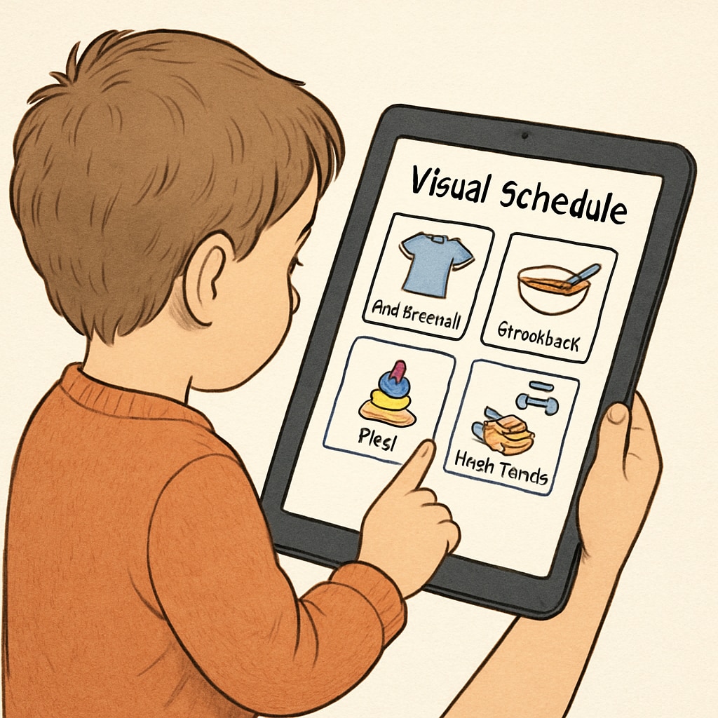 A child using a visual schedule app on a tablet, demonstrating tools discussed at the summit. Child with ADHD using a visual schedule app to enhance executive function skills.