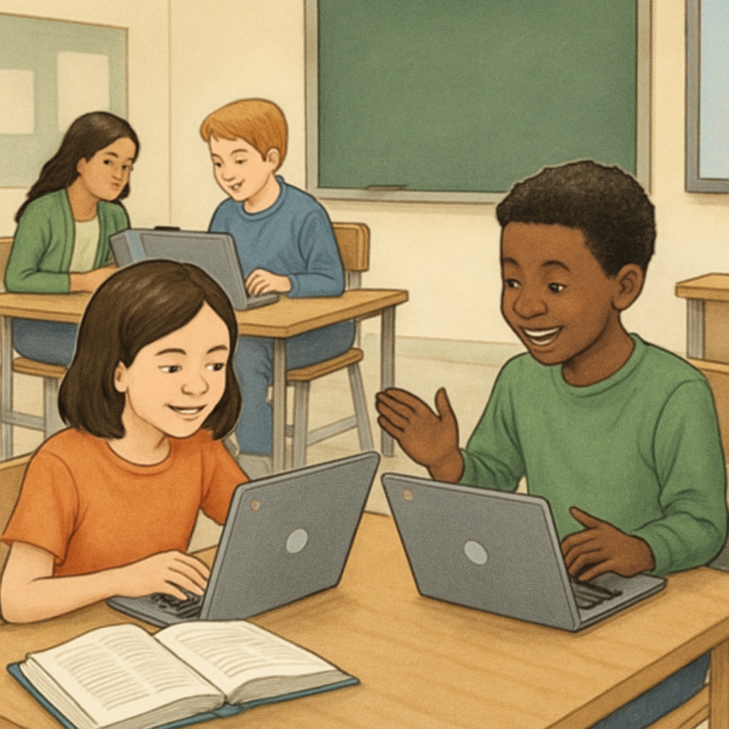 A classroom of students using Chromebooks for collaborative learning activities, showcasing the integration of digital tools in education. Students using Chromebooks for collaborative learning in a classroom.