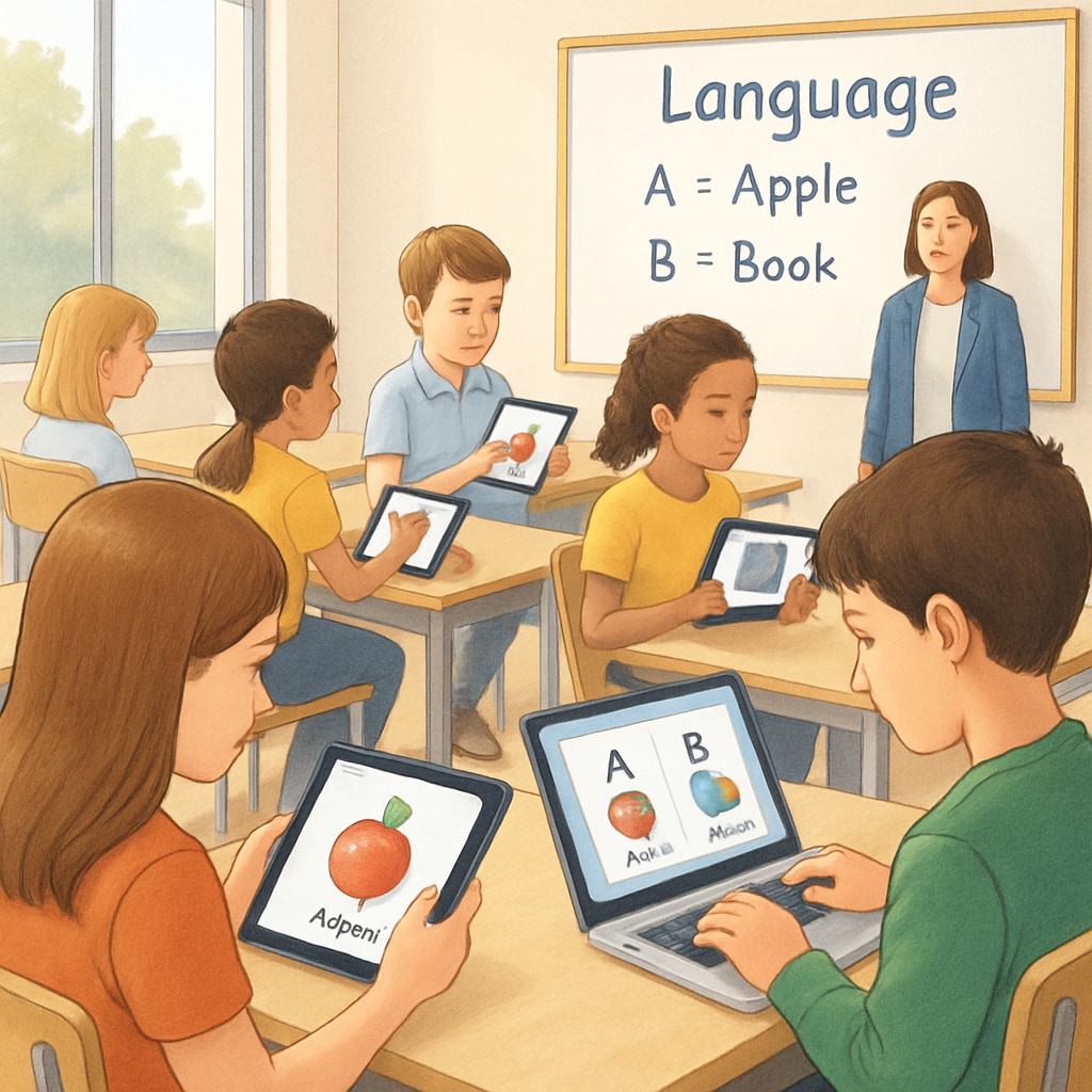 An image of a modern classroom with students using tablets and laptops for language learning. Students in a modern classroom using tablets and laptops for language learning.