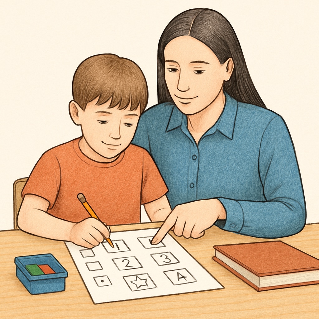 A parent working with a child on a structured task, focusing on executive function skills. Parent guiding child through executive function tasks for ADHD support