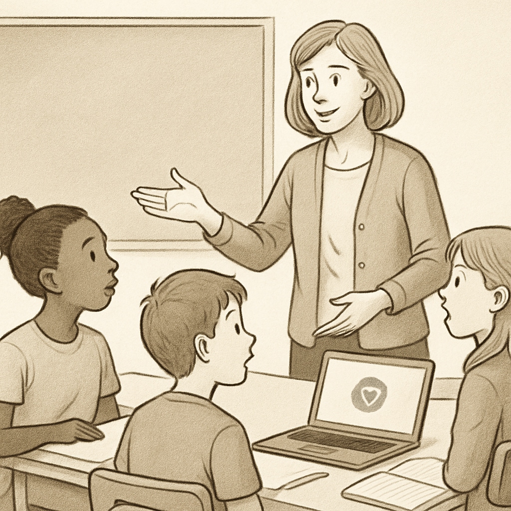 A teacher guiding students in a discussion while a Chromebook is used for referencing, emphasizing the balance between technology and traditional teaching. Teacher leading a discussion with students using a Chromebook for reference.