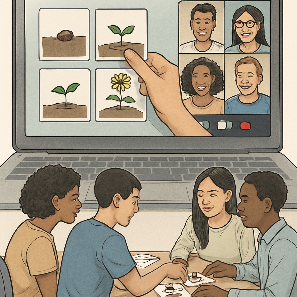 A group of diverse students actively engaging in a Zoom activity, arranging cards with images to create a cohesive sequence. Students participating in a Zoom activity, arranging image cards to form a sequence.