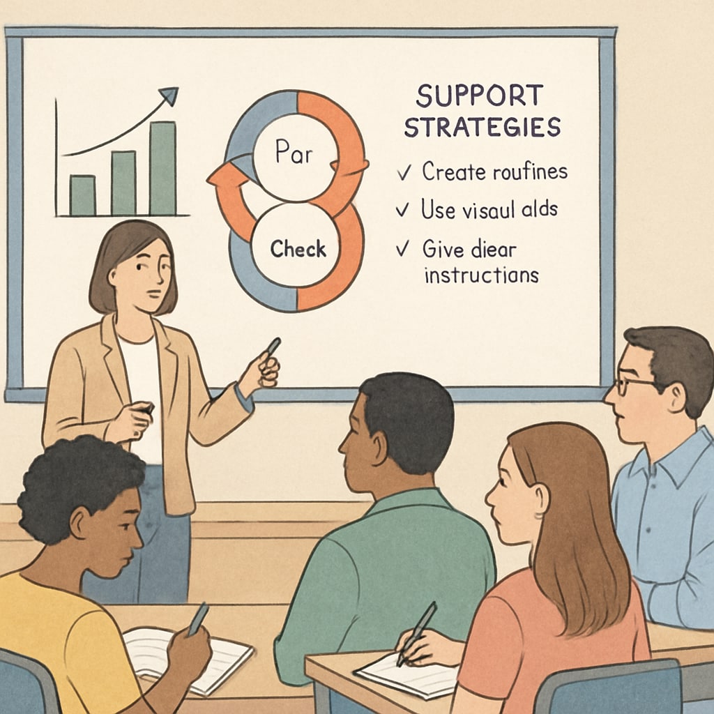 A workshop setting where parents are learning strategies to support executive function development in children with ADHD or autism. Parents participating in a workshop to improve executive function strategies
