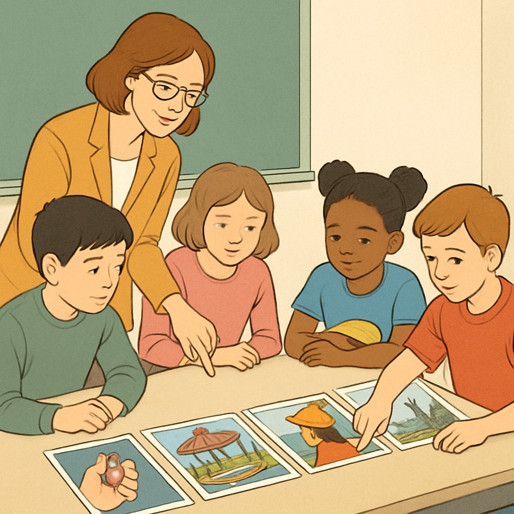 A teacher working with a group of students to reconstruct the sequence of a ReZoom activity, using clues from the images. Teacher guiding students in ReZoom activity sequence reconstruction.
