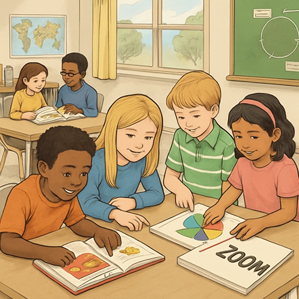 A classroom setting where students collaborate on Zoom and ReZoom activities. The image depicts children working together in small groups with books and visual aids. Students collaborating on Zoom and ReZoom teaching activities in a classroom