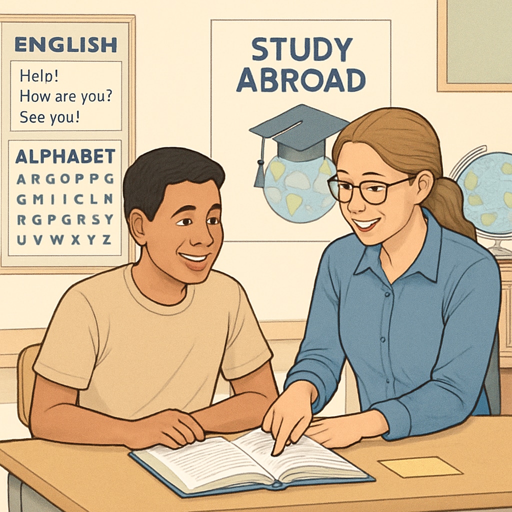 A student practicing English with a tutor, highlighting the importance of language skills for studying abroad. Student working on English language skills for U.S. study abroad preparation.