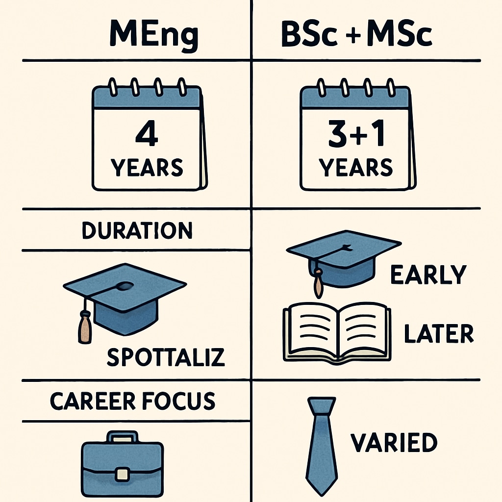 A comparison chart illustrating the differences between MEng and BSc+MSc programs, focusing on duration, specialization, and career focus. Chart comparing MEng and BSc+MSc programs in design engineering.