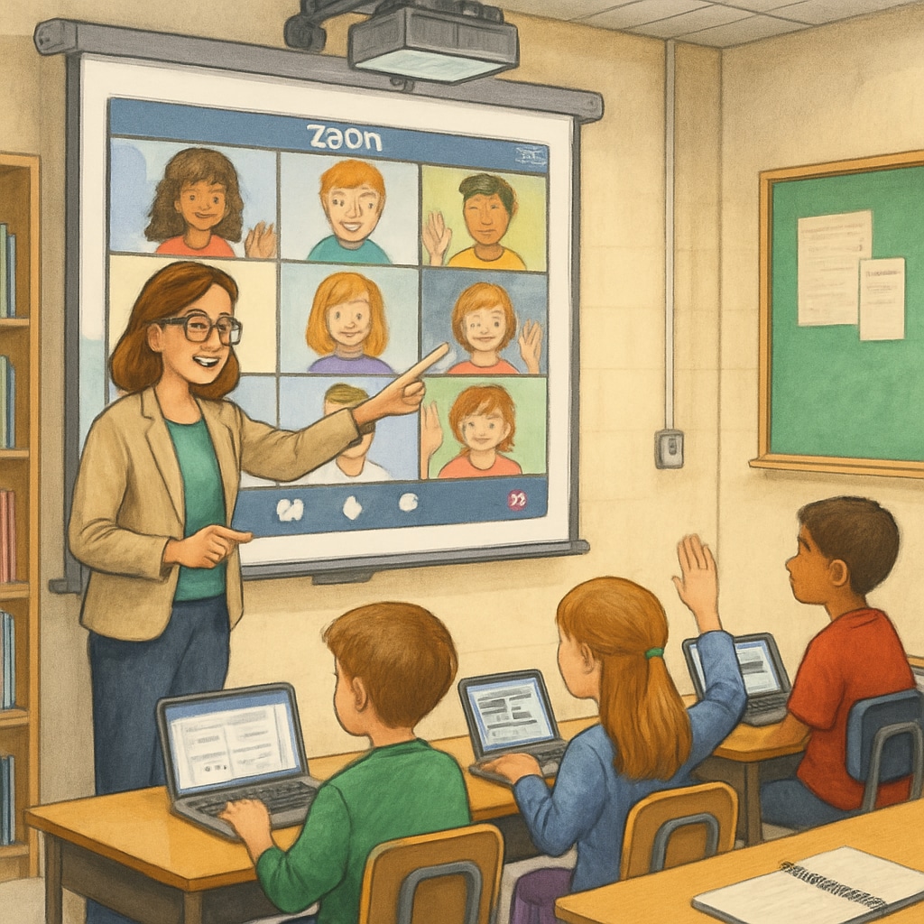 A teacher guiding students through a Zoom activity using a projector. The image demonstrates effective integration of technology in classroom learning. Teacher using a projector to display Zoom teaching activity for students