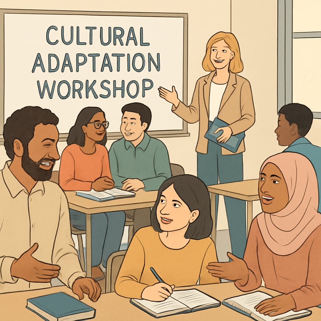 A classroom filled with adult students of diverse ethnic backgrounds attending a cultural adaptation workshop. Adult students learning cultural adaptation in a classroom setting.