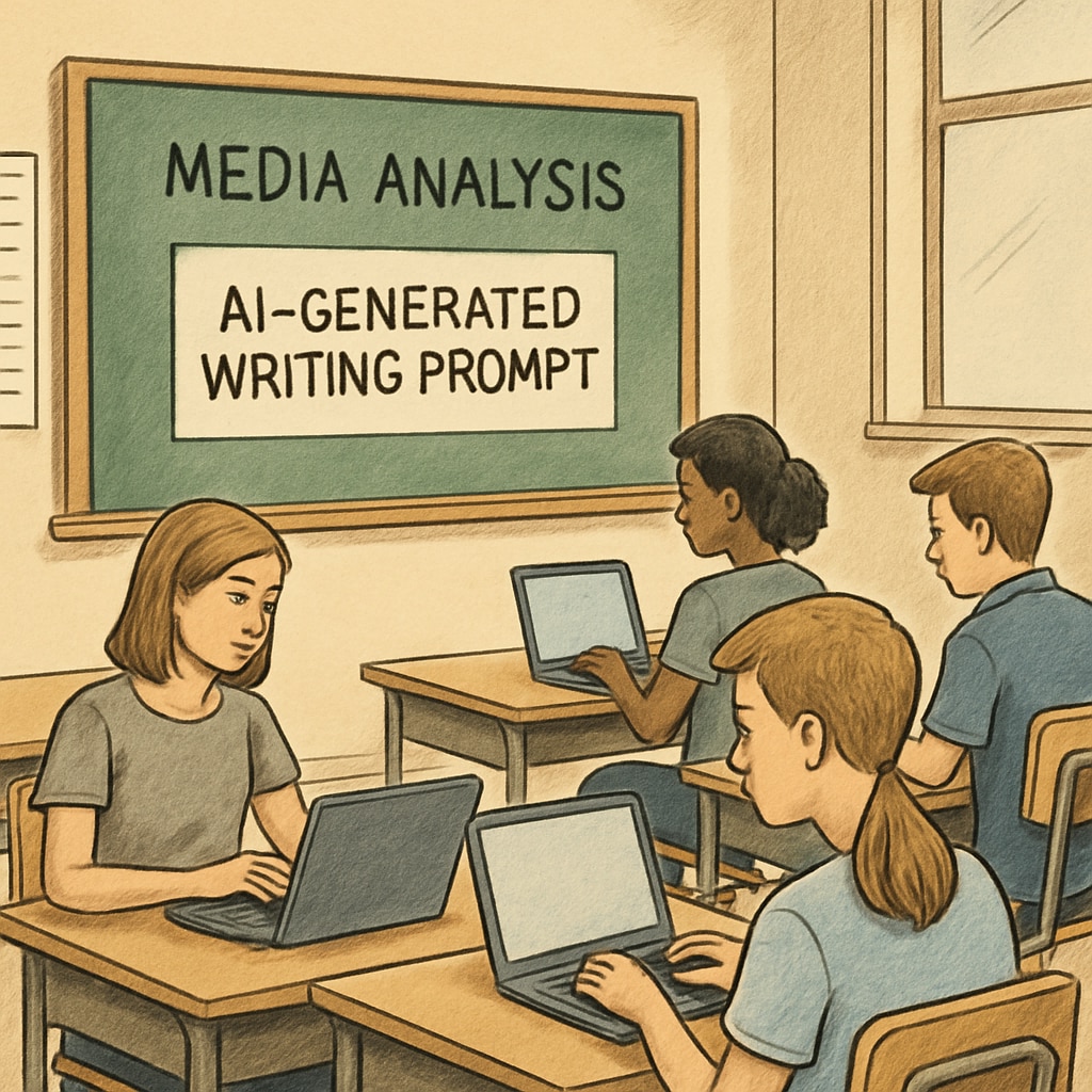 A classroom setting where students are using laptops to interact with AI-generated writing prompts for media analysis. High school students using AI tools for media literacy education.