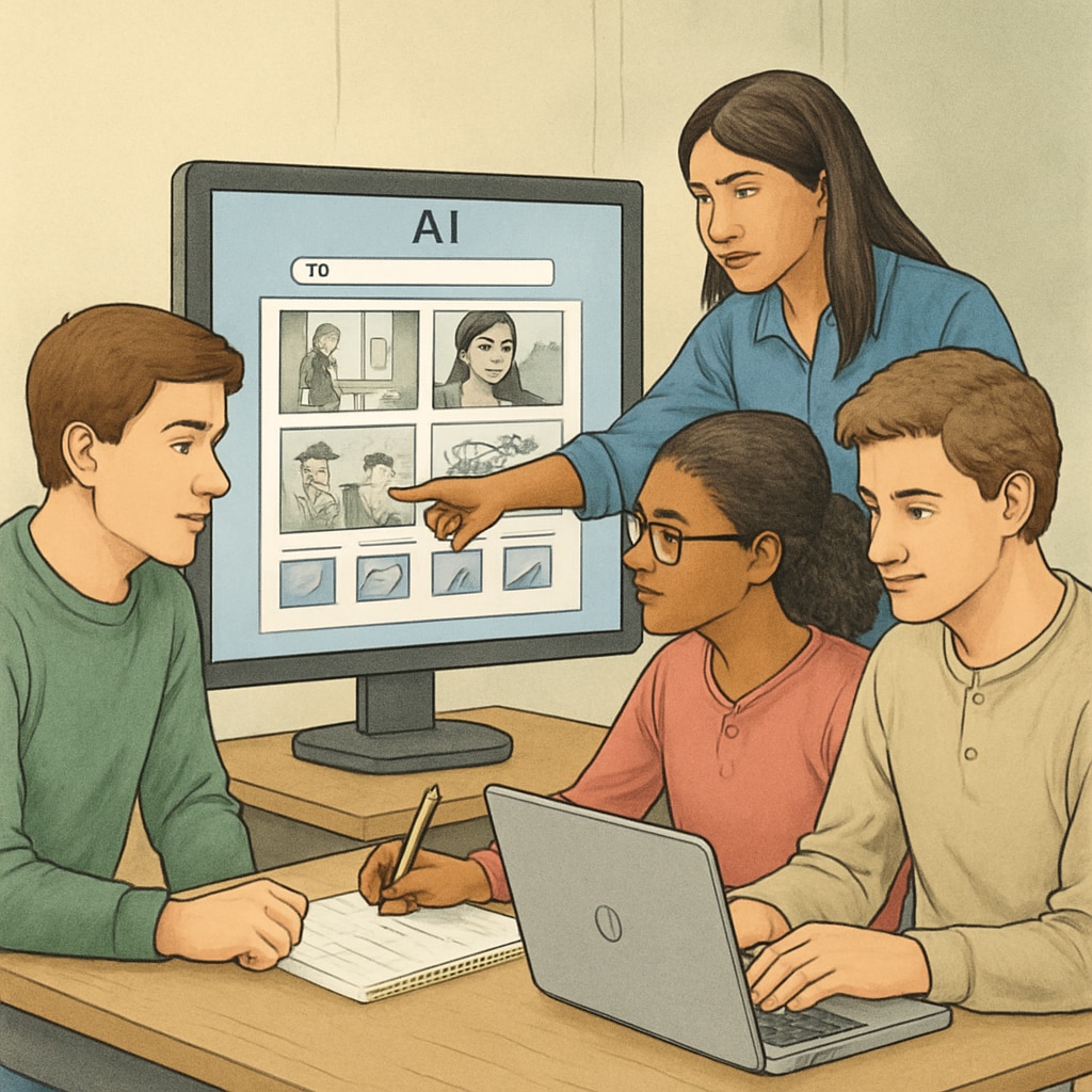 Students collaborating to design a storyboard using AI-powered visual editing software. Students using AI tools to create visual storytelling projects.