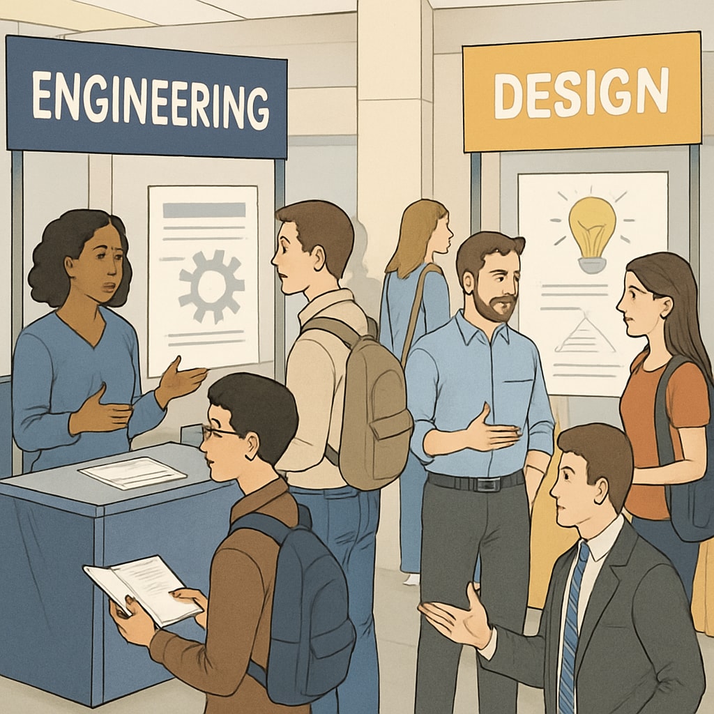 Students attending a career fair to explore engineering and design professions.