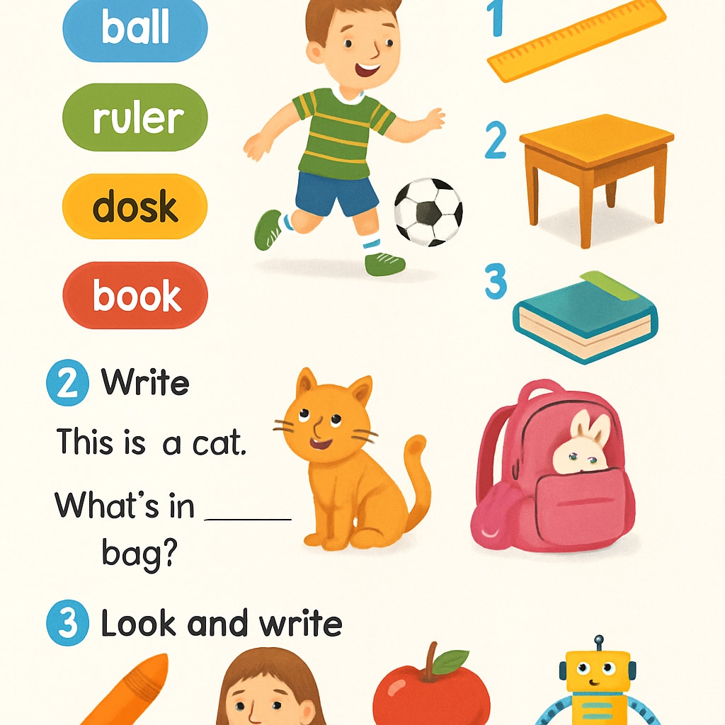 A colorful page from the World of Language textbook showing interactive exercises for elementary students. An interactive page from the World of Language textbook designed for小学教育.