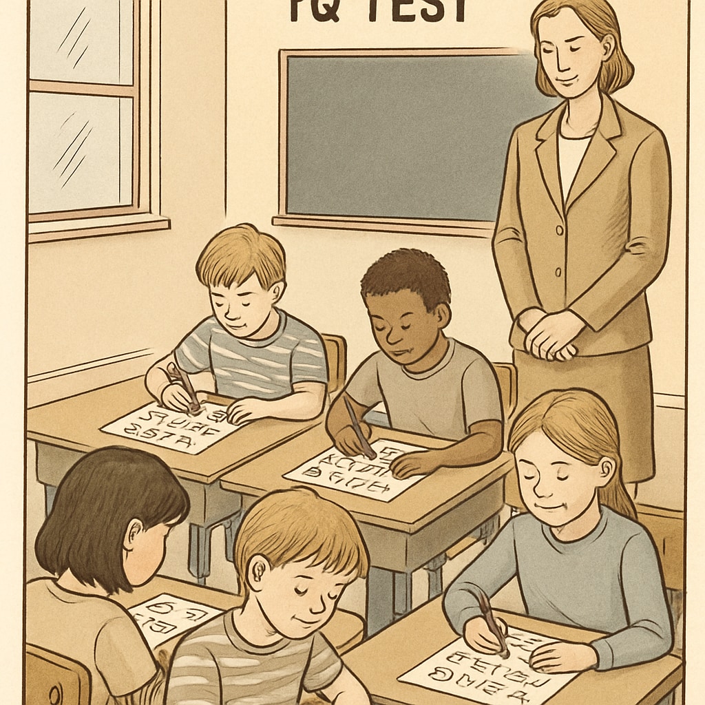A professional illustration of children engaging in a standardized IQ test environment, with a teacher overseeing the process. Children taking a standardized IQ test for assessing talents.