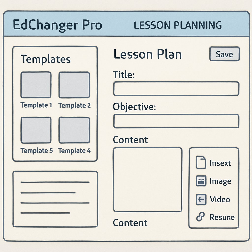 EdChanger Pro lesson planning interface with templates and multimedia tools.