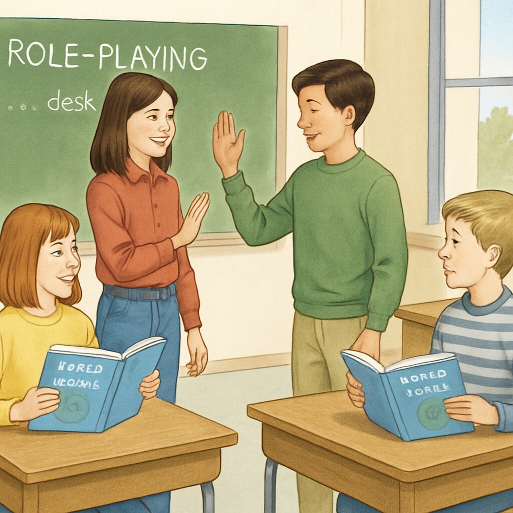 Students in a classroom setting using the World of Language textbook to engage in role-playing activities. Elementary students using the World of Language textbook for collaborative activities.
