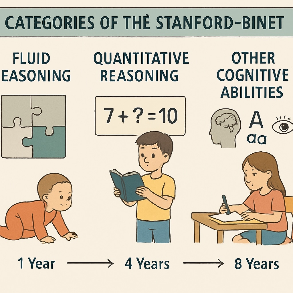 A graphical representation of the Stanford-Binet test categories, such as fluid reasoning and quantitative reasoning, aligned with child development milestones. Stanford-Binet test categories for assessing gifted children.