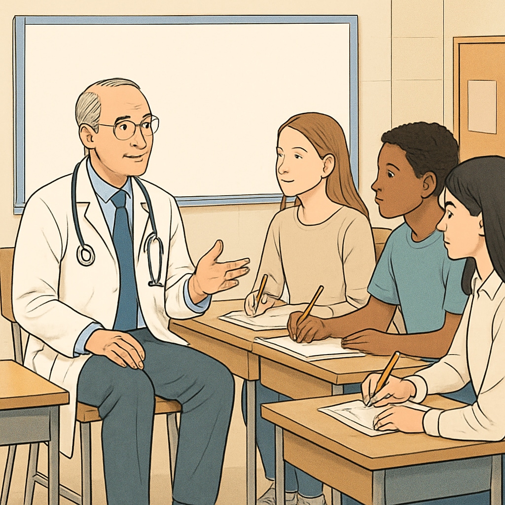 A group of high school students conducting an interview with a doctor in a classroom setting. The doctor is answering questions and students are taking notes. High school students interviewing a doctor for a career exploration project.
