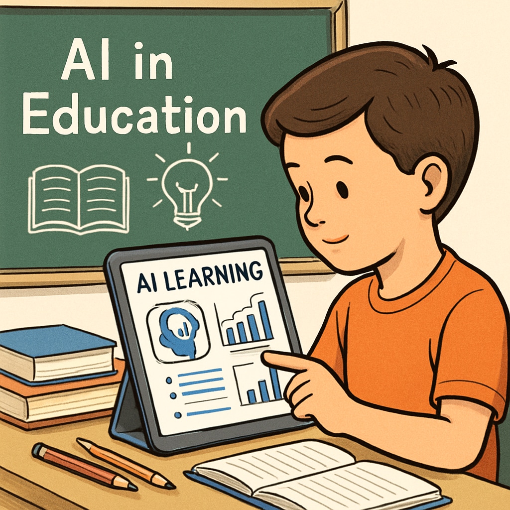 A young student using an AI-powered personalized learning platform on a tablet, representing the role of AI in K12 education. Student using AI-powered personalized learning in a K12 setting.