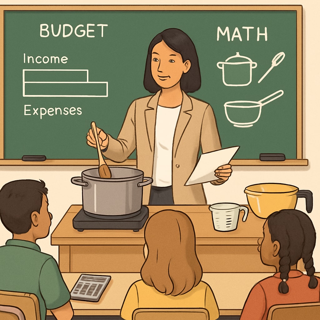 A teacher demonstrating real-world math applications, such as budgeting or cooking, to students in a classroom. Teacher explaining real-world math applications like budgeting and cooking to students.