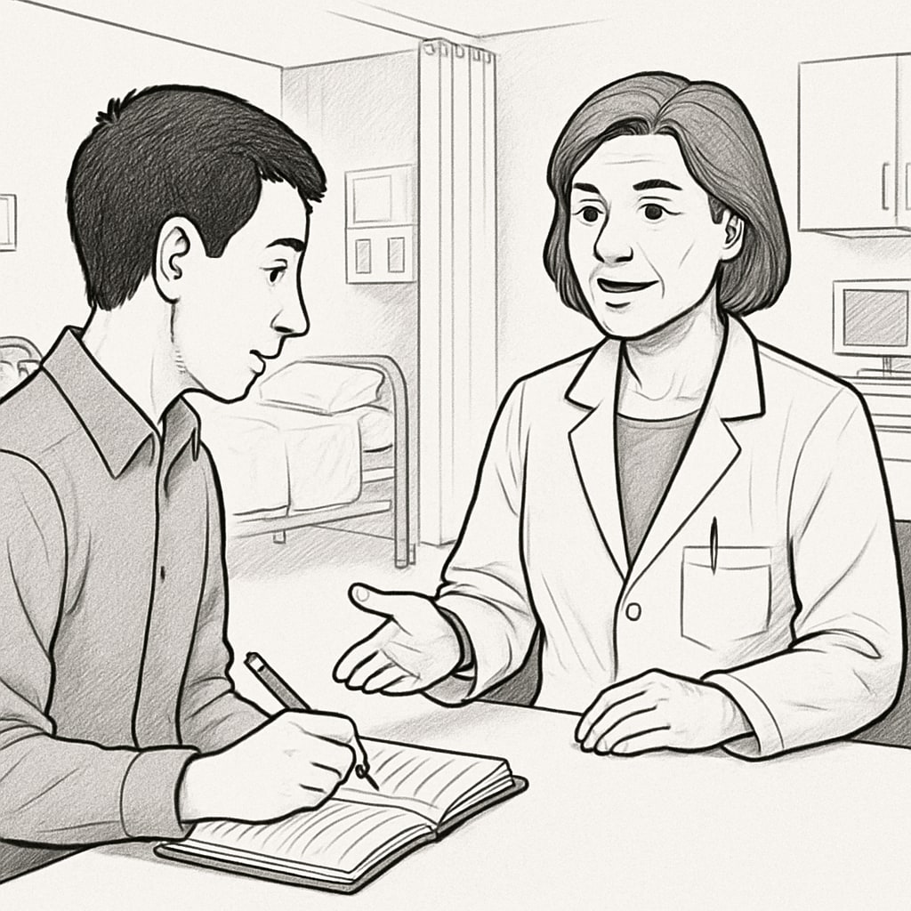 A student taking notes while interviewing a healthcare professional in a hospital setting. The professional is wearing a white coat and explaining their role. Student interviewing a healthcare professional in a hospital setting.