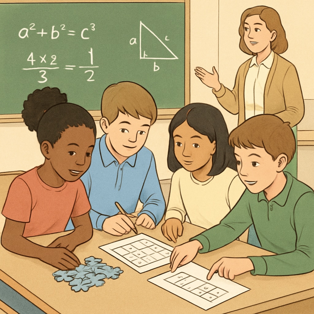 Students collaborating on math-based puzzles in a classroom to enhance critical thinking skills. Classroom activity where students solve math puzzles to develop critical thinking.
