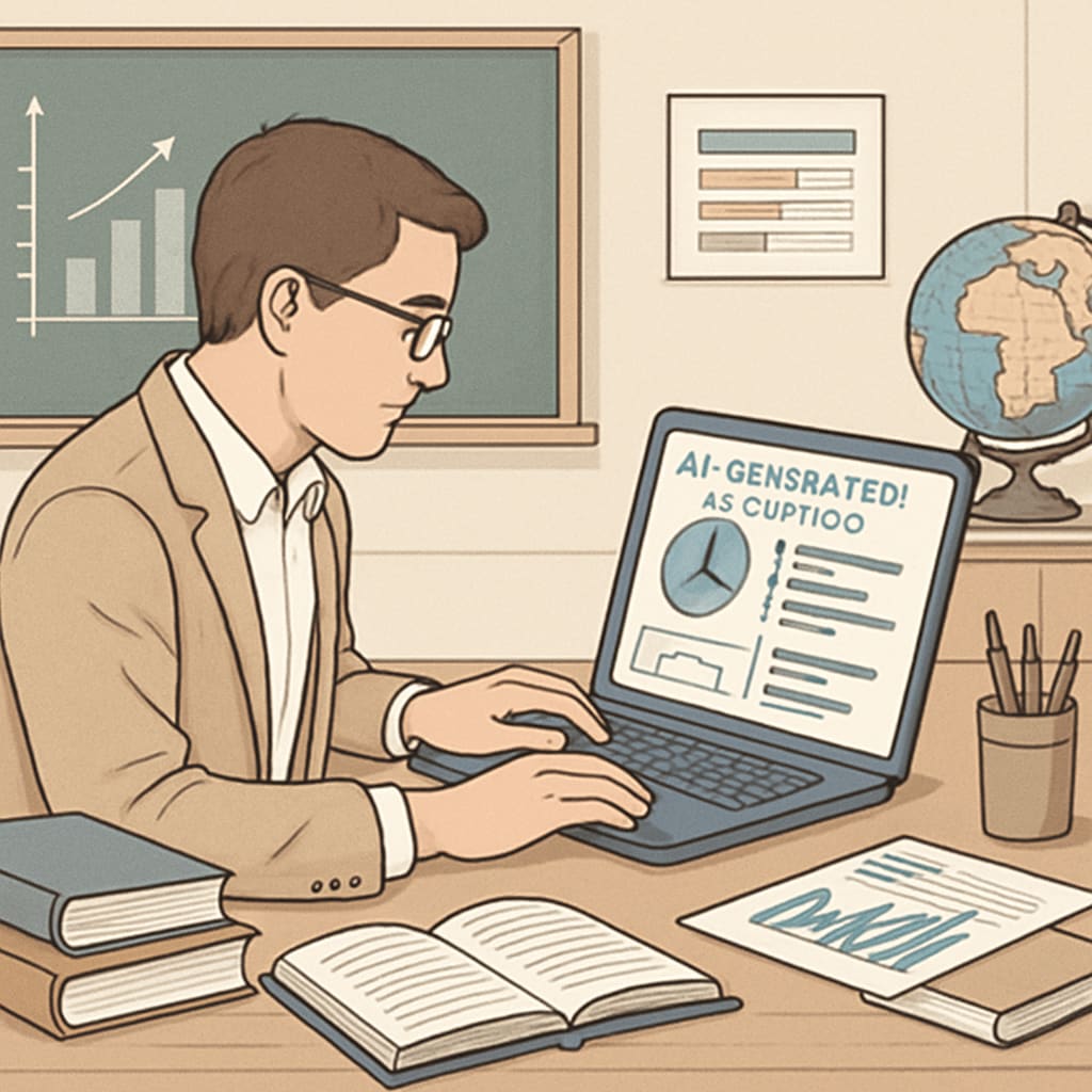 A teacher reviewing AI-generated performance analytics on a laptop, illustrating how AI aids in smart assessments and data analysis. Teacher analyzing AI-generated student performance data on a laptop.