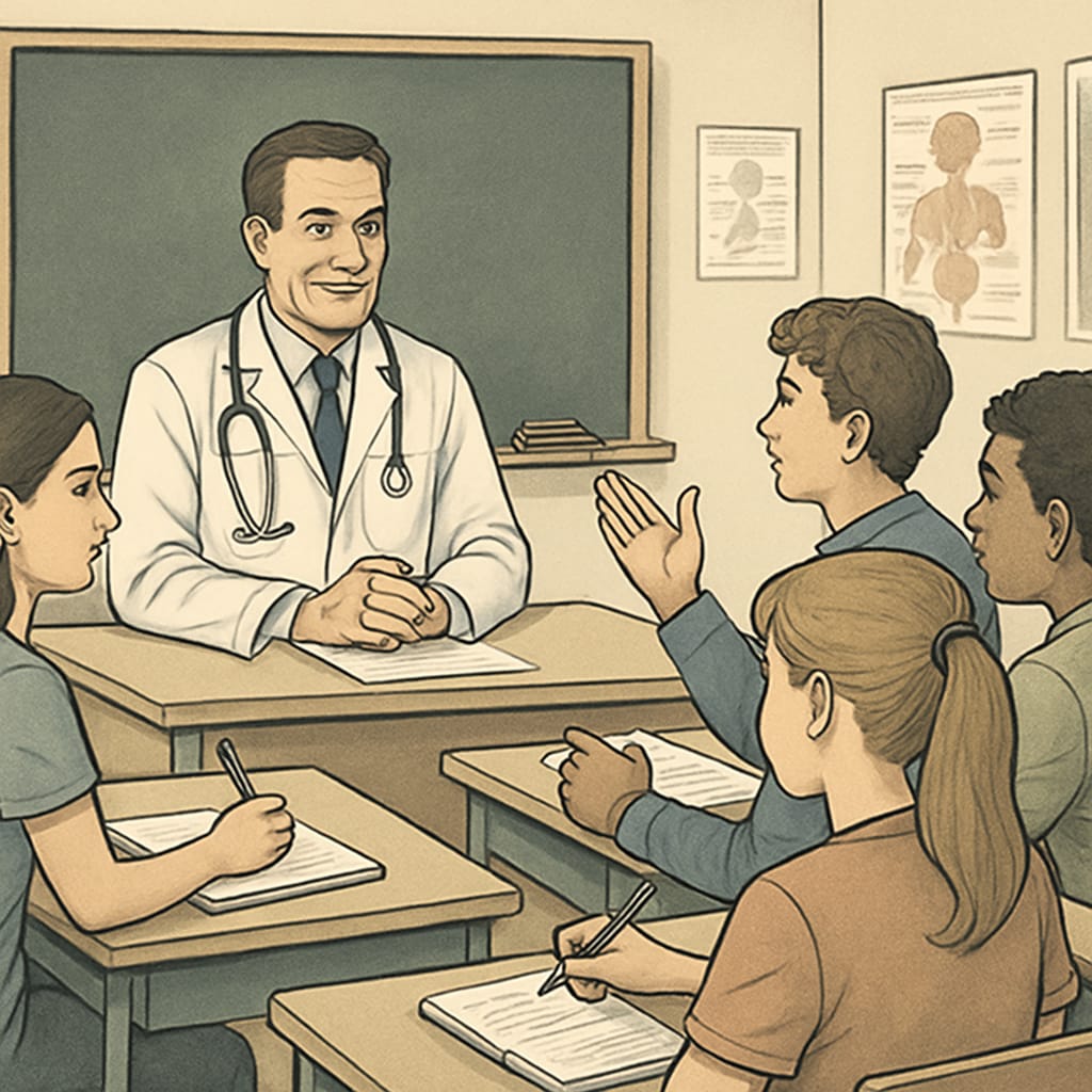 A group of high school students interviewing a doctor in a classroom setting. The image captures the interaction between students and a medical professional, illustrating the educational value of career interviews. High school students conducting a doctor interview as part of a school career planning project.