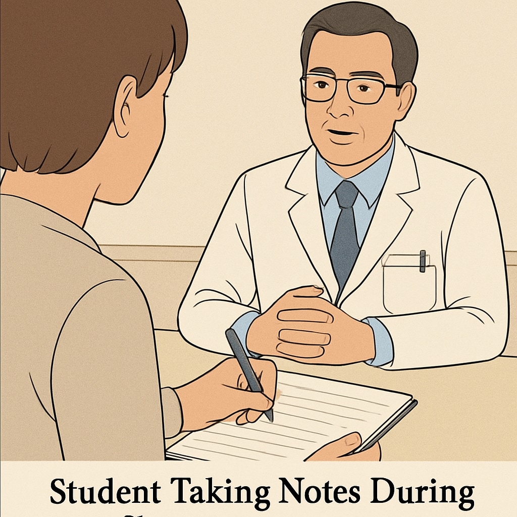 A close-up of a student taking notes during a doctor interview session. The image emphasizes the importance of active listening and documentation in career exploration. Student taking notes during a doctor interview in a school program for career planning.