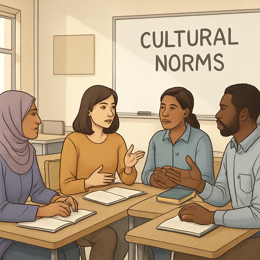 A classroom environment with adult students of diverse backgrounds engaged in a discussion about cultural norms. Adult students discussing cultural adaptation in a Western education setting.
