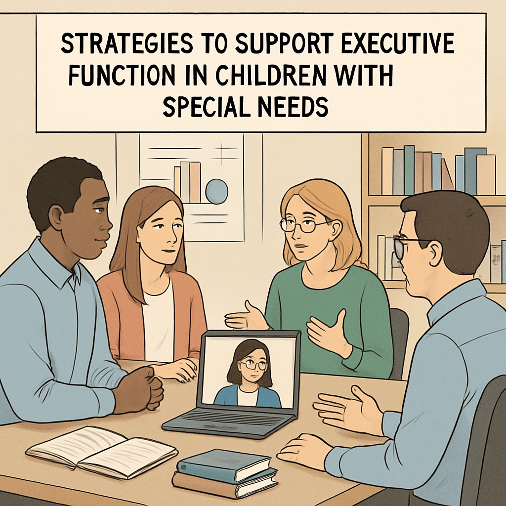 A virtual summit featuring parents and educators discussing strategies for supporting executive function in children with special needs. Parents and educators discussing executive function strategies during an online summit.