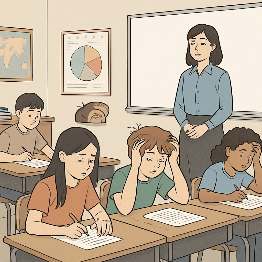 Standardized testing environment with ADHD students struggling to focus.