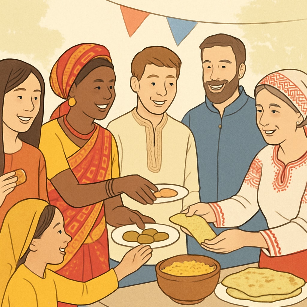 A multicultural group participating in a local cultural event, sharing food and traditions. International students engaging in a cultural event to adapt to Western norms.