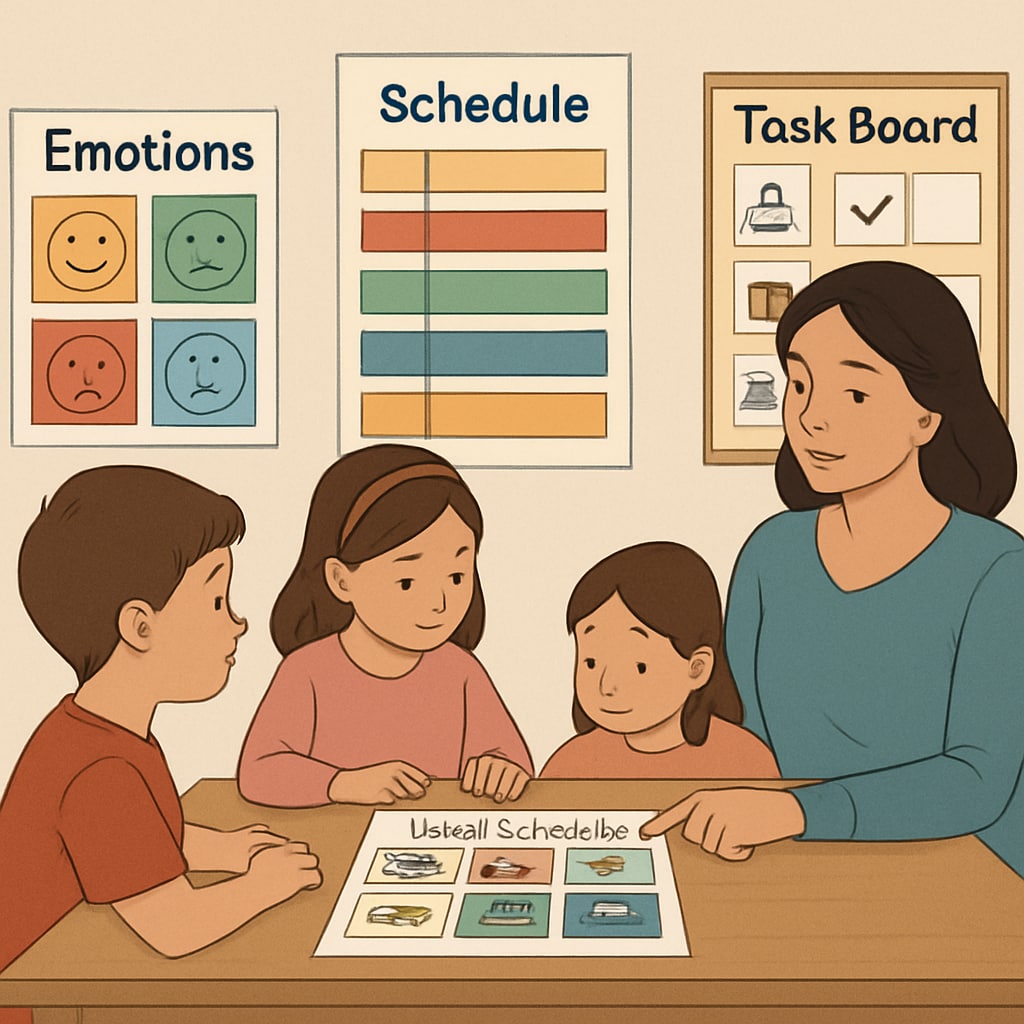 An example of a parent using visual aids and schedules to support executive function development in children with special needs. Parent using visual aids to support executive function in a child with special needs.