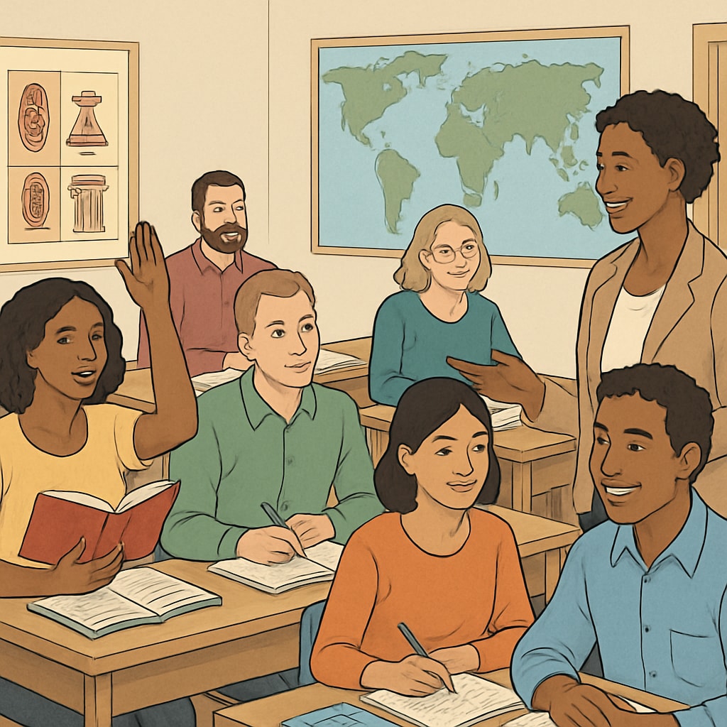 A diverse group of adult students in a classroom setting, engaging in a cultural education workshop. Adults learning about cultural adaptation and foundational knowledge in class.