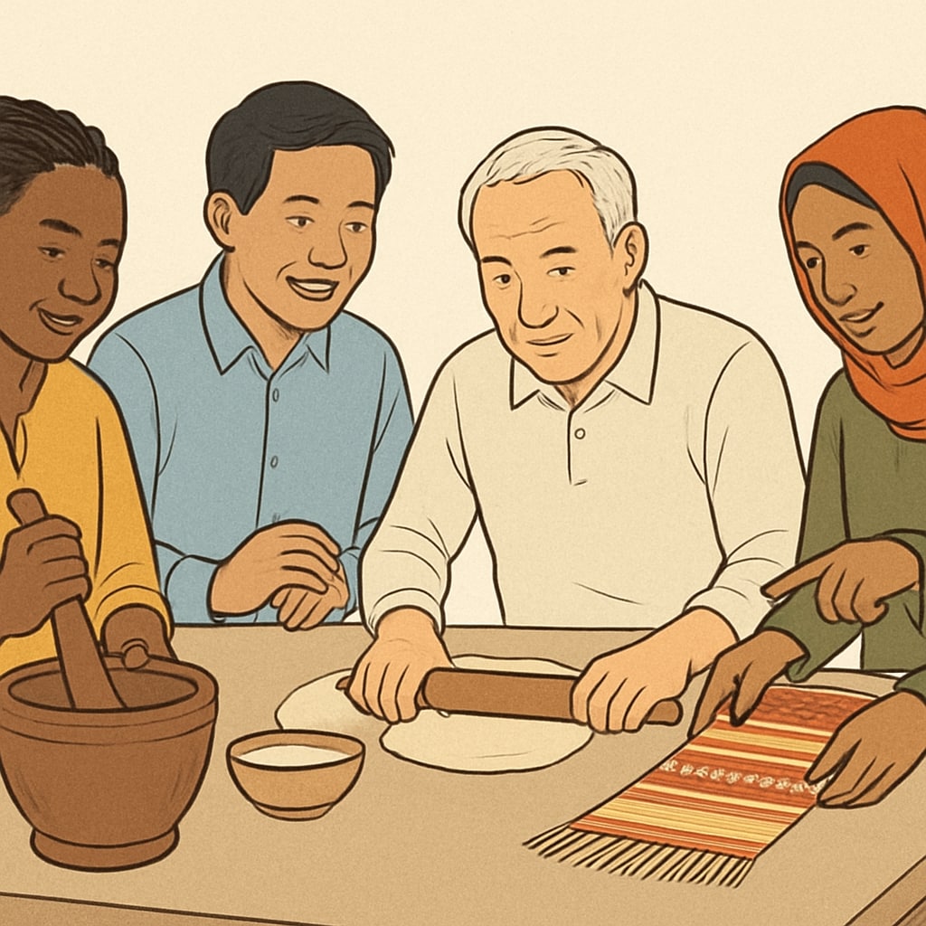 A group of immigrant adults participating in a hands-on community event, showcasing cultural exchange. Cultural exchange event with adult immigrants learning and sharing traditions.
