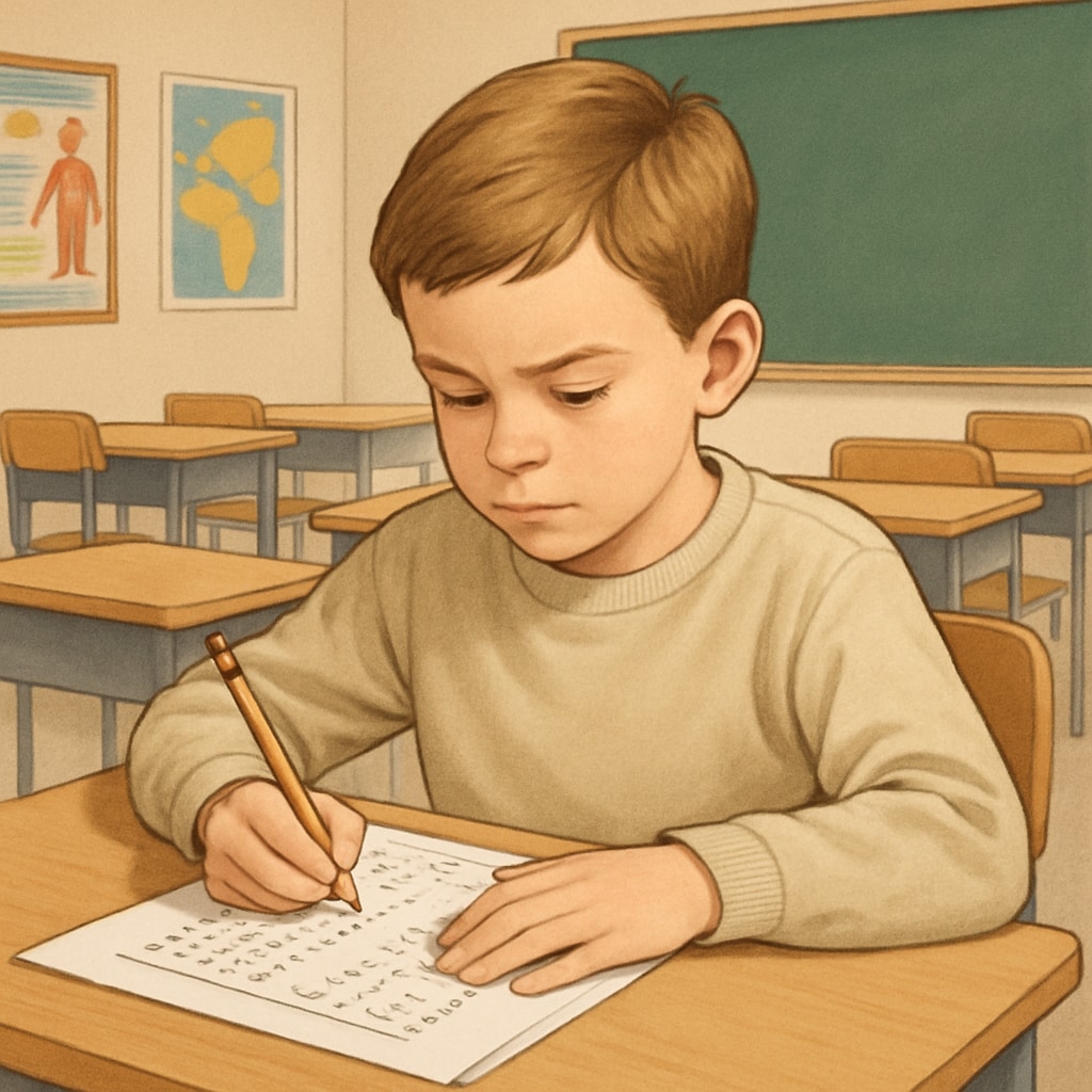 A child taking a standardized intelligence test in a classroom setting, focusing on their concentration. Child taking a standardized intelligence test to assess cognitive abilities.