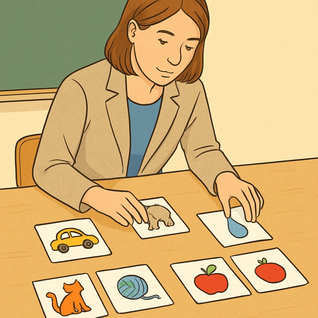 An educator organizing Zoom/ReZoom activity cards on a classroom table, focusing on connecting visual clues. Educator organizing Zoom/ReZoom teaching materials on a table to restore sequence.