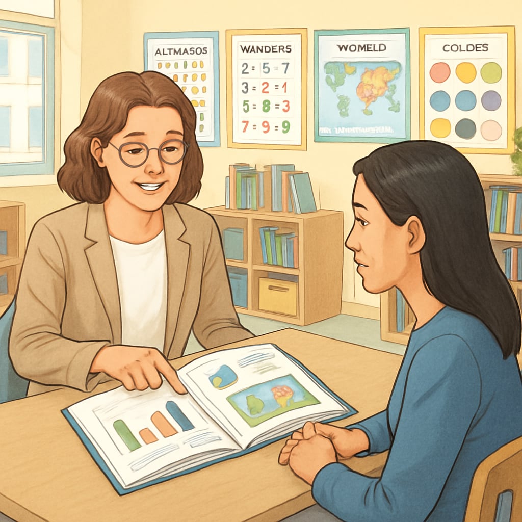 A teacher reviewing a student portfolio with a parent during a meeting, discussing the child’s strengths and development. Teacher and parent discussing a child’s portfolio as part of a holistic assessment process.
