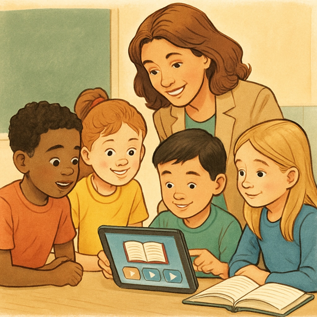 A teacher guiding a group of children as they explore a reading app on a tablet. A teacher and students using a children's reading app together.