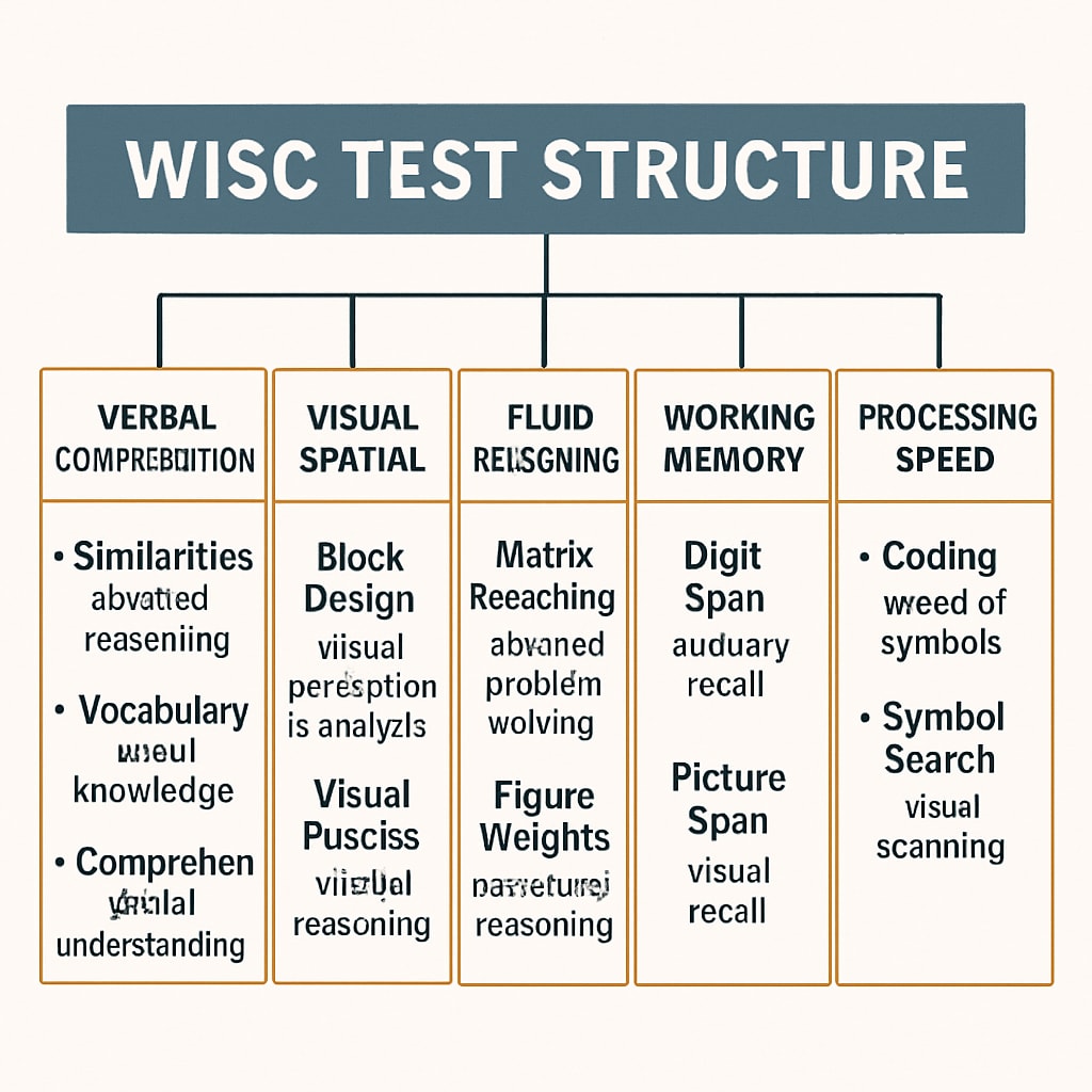 A detailed chart showing the WISC test structure, highlighting its different subtests and their purposes. WISC test structure chart for child talent assessment.