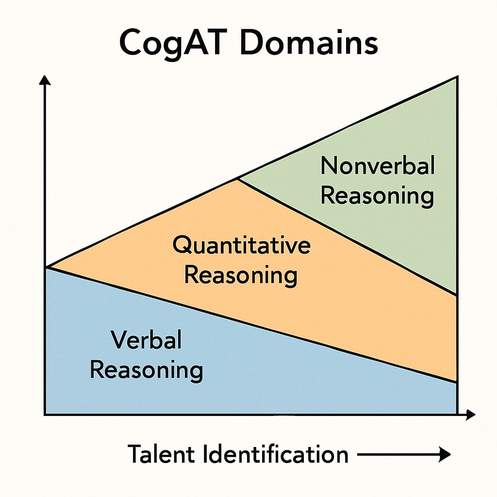 A graph comparing the CogAT’s three domains (verbal, quantitative, and non-verbal reasoning) and their relevance in talent identification. CogAT domains graph for assessing gifted children.