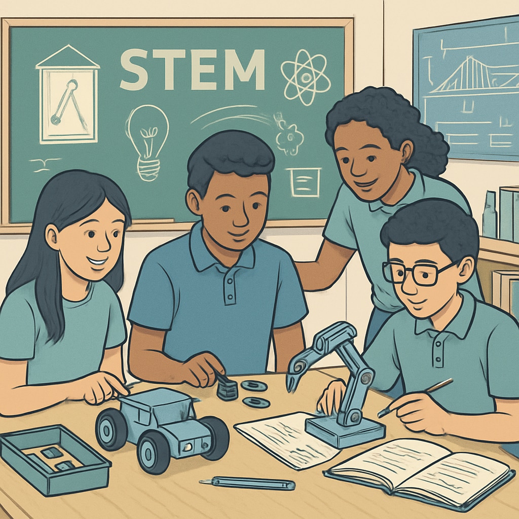 A classroom setting featuring students working collaboratively on STEM-based engineering projects to develop problem-solving skills. Students engaged in STEM projects to cultivate engineering design thinking.