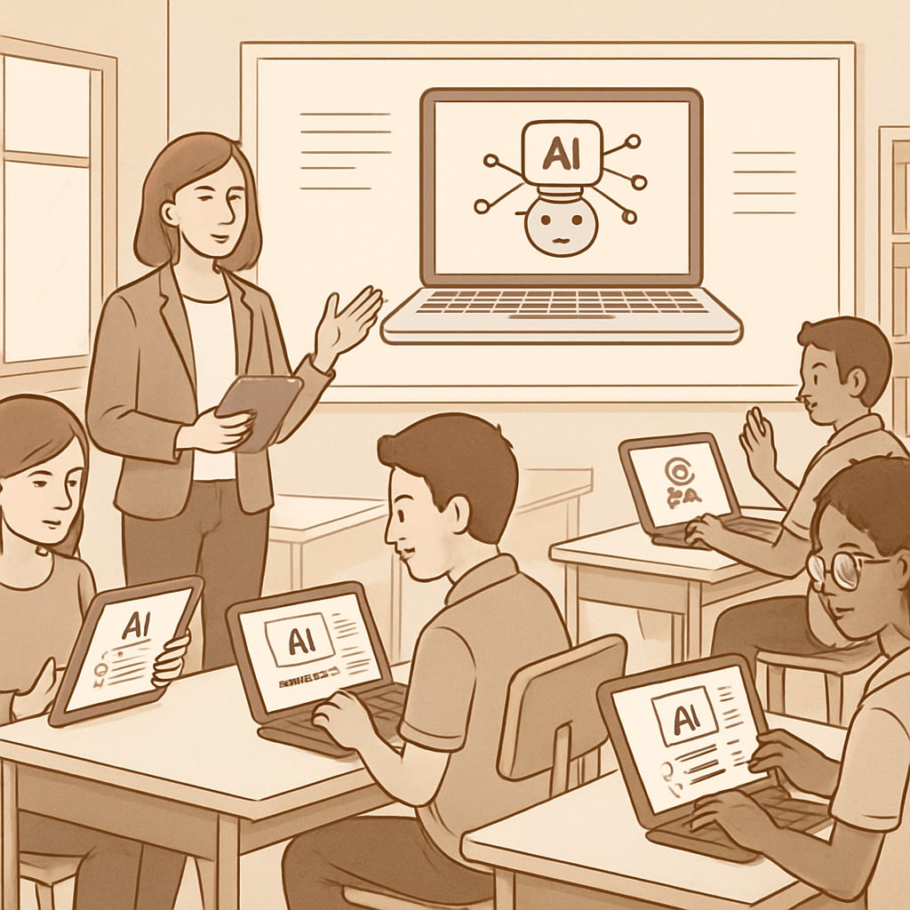 A modern classroom featuring students using AI-powered devices for personalized learning. Students in a classroom using AI-driven tools for personalized education.