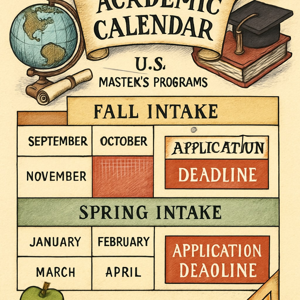 A calendar marked with key application deadlines for U.S. master’s programs, highlighting Fall and Spring intakes. Key application deadlines for U.S. master’s programs and intakes.
