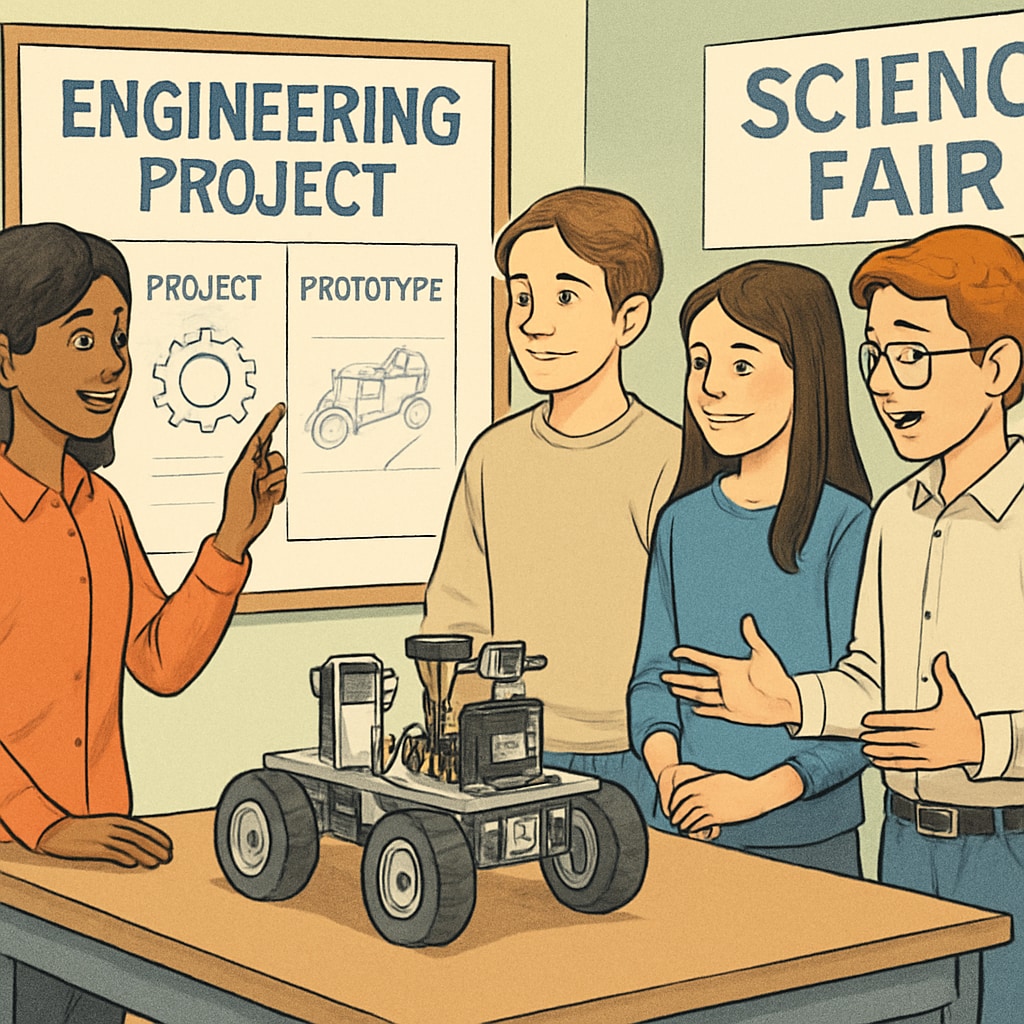 Students presenting their engineering project prototype at a science fair, showcasing innovation and teamwork skills. Science fair engineering prototypes emphasizing teamwork and creativity.